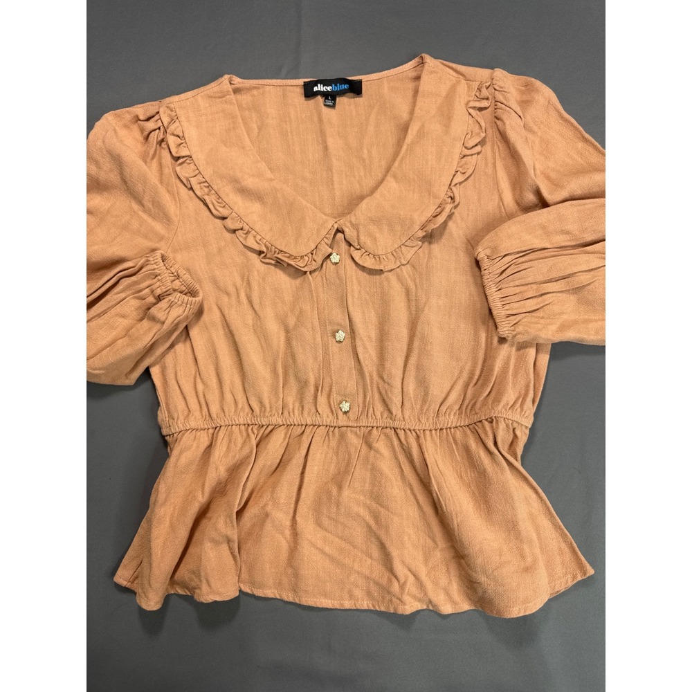 Alice Blue Terracotta Peach Linen Blend Ruffle Collar Peplum Blouse Large T41075